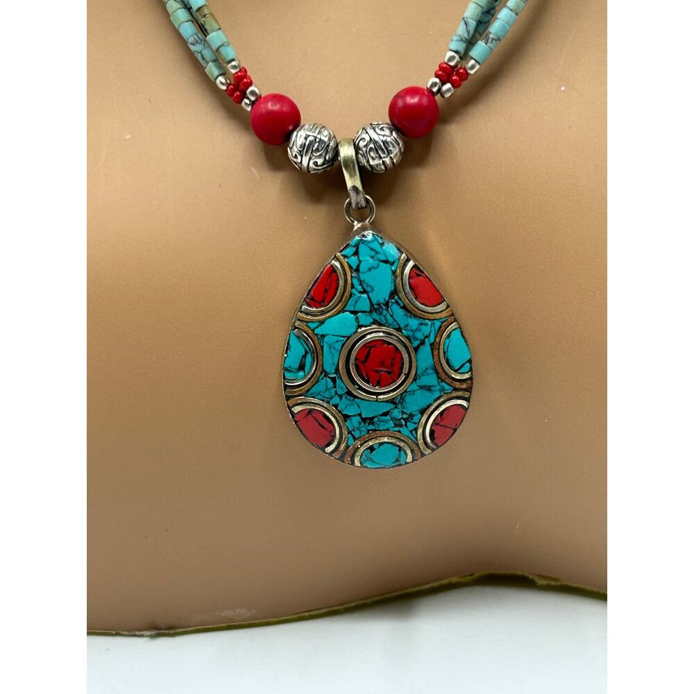 Turquoise & Coral Tibetan Silver Pendant Necklace Set w/ Earrings & Ring - Picture 5 of 8